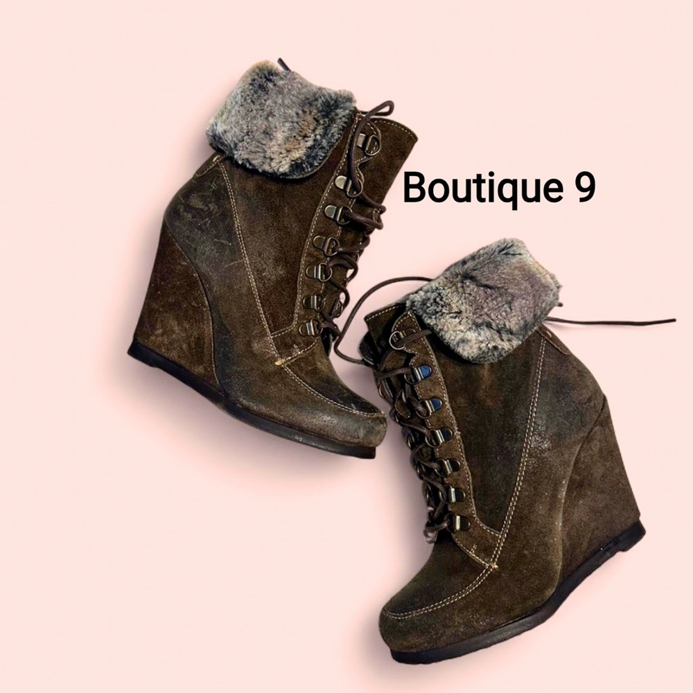Boutique 9 Dark Genuine Leather Brown Lace Up Wedge Boots. Brand 🆕